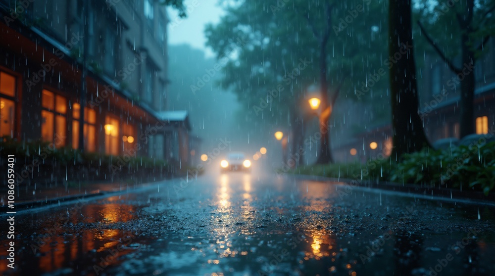 a rainy day in the city with a car driving down the street. a rainy day in the city with a car driving down the street.