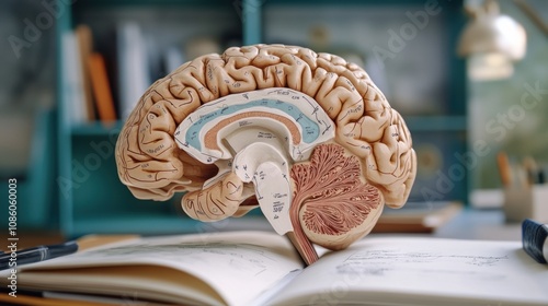 Detailed anatomical brain model displayed on a laboratory desk, featuring precise annotations of the limbic system, including hippocampus and amygdala, for neuroscience and medical studies.