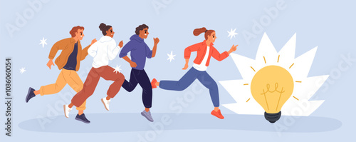 Young entrepreneurs chasing idea. People running for glowing light bulb. Workers in fresh ideas search. Startup innovation. Business persons rivalry. Leaders race. Garish vector concept