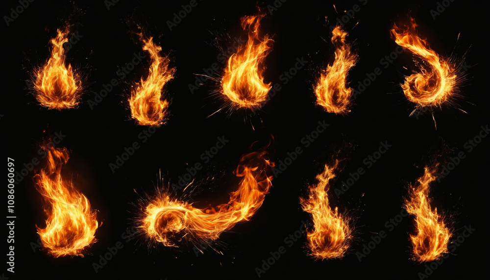 Fototapeta premium Set of fire flames on black background, burning visual effect