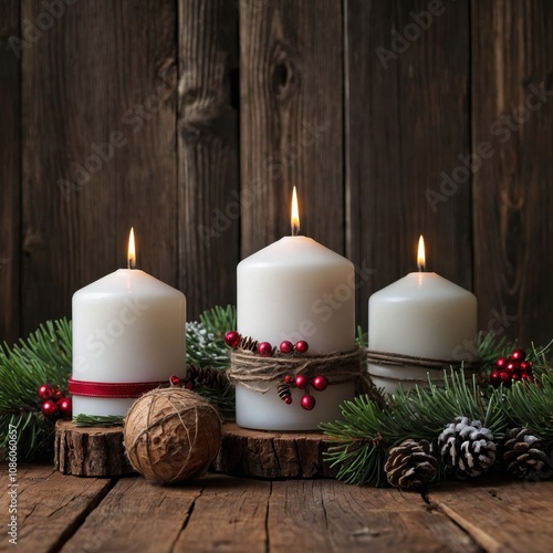 Three candles on an Advent wreath surrounded by pine branches, evoking a peaceful and festive mood for the Christmas season