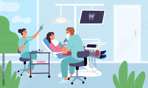 Woman at dentist appointment. Patient in doctor office. Dentistry prosthetics. Caries treatment. Stomatological tools. Orthodontic clinic. X-ray photo of teeth. Garish vector concept