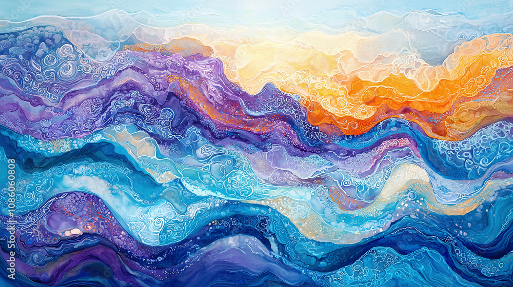 Dynamic, colorful abstract waves in overlapping layers, featuring a harmonious blend of blues, purples, and oranges, intricate details, ultra-realistic Dynamic, colorful abstract waves in overlapping layers, featuring a harmonious blend of blues, purples, and oranges, intricate details, ultra-realistic