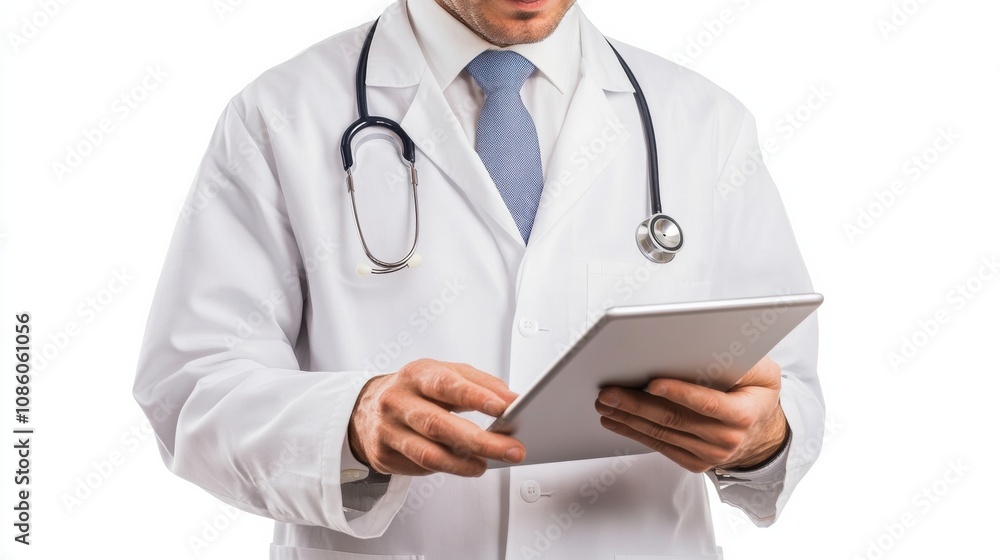 A doctor in a white coat focuses on a tablet, checking patient details and records in a clinical setting during daytime. Generative AI A doctor in a white coat focuses on a tablet, checking patient details and records in a clinical setting during daytime. Generative AI