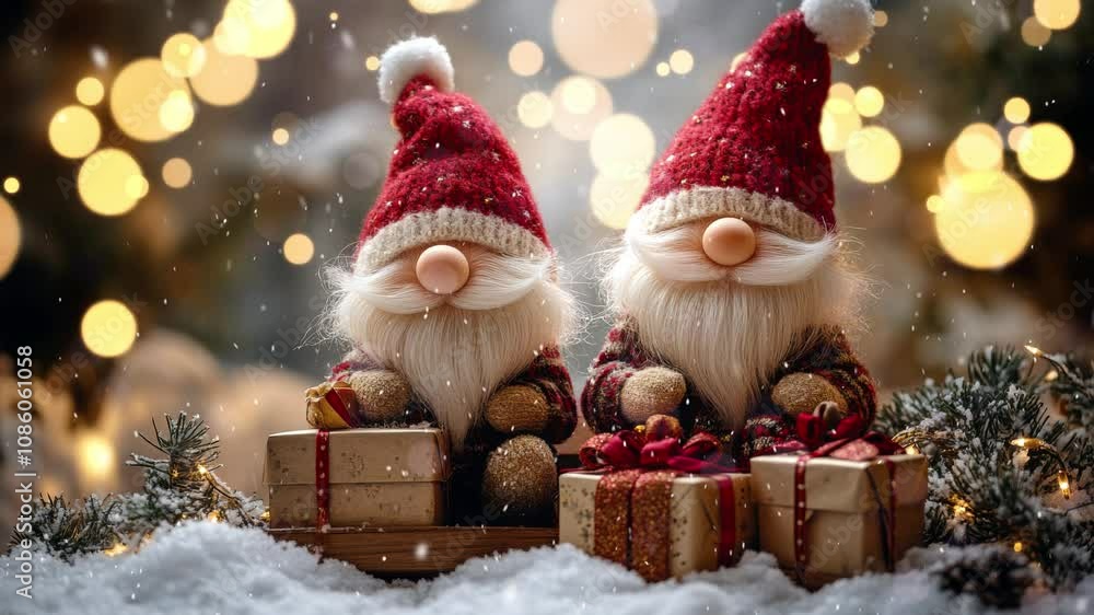 Two Santa Clauses on small wooden sleighs with gifts. Christmas greeting card with Santa Claus. Festive decoration. New Year. Selective focus. Cute funny gnomes, decorated for Christmas. Loop. Two Santa Clauses on small wooden sleighs with gifts. Christmas greeting card with Santa Claus. Festive decoration. New Year. Selective focus. Cute funny gnomes, decorated for Christmas. Loop.