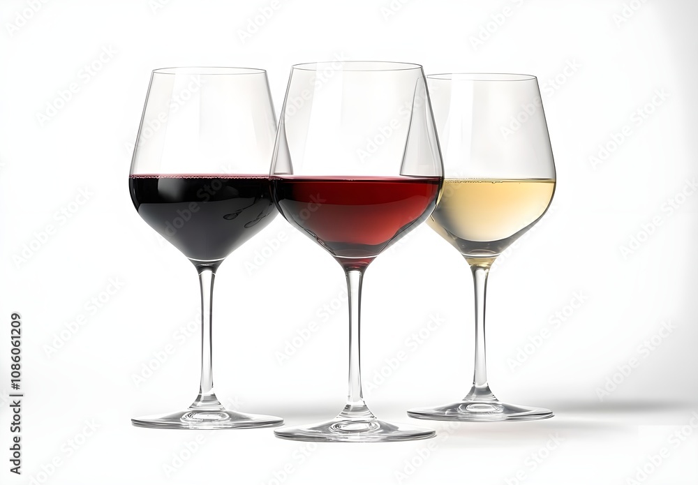 Three Elegant Wine Glasses Displaying Red and White Wine on a White Background, Perfect for Celebrations, Events, or Gastronomic Themes in Stock Photography Three Elegant Wine Glasses Displaying Red and White Wine on a White Background, Perfect for Celebrations, Events, or Gastronomic Themes in Stock Photography