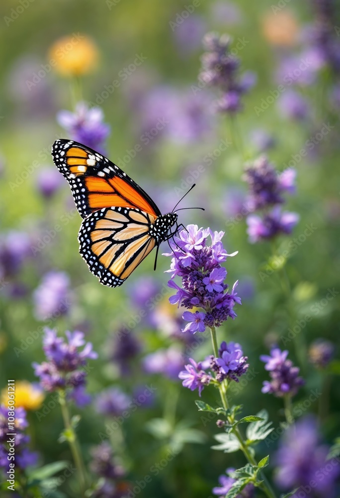 Monarch butterfly feeding on purple flowers in a meadow Monarch butterfly feeding on purple flowers in a meadow