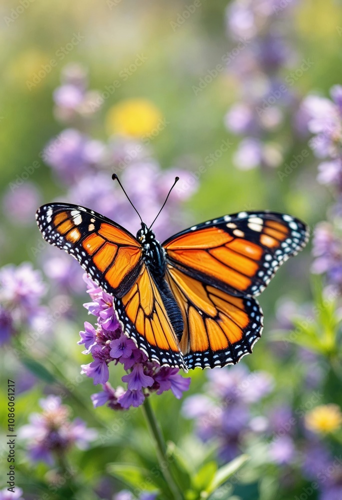 Fototapeta premium Monarch butterfly feeding on purple flowers in a summer garden