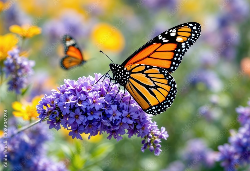 Obraz premium Monarch butterfly feeding on purple flower in summer garden