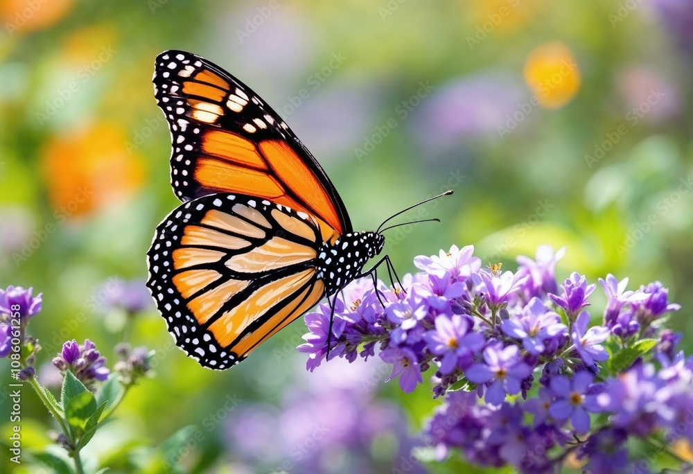 Fototapeta premium Monarch butterfly feeding on purple flowers in a colorful garden