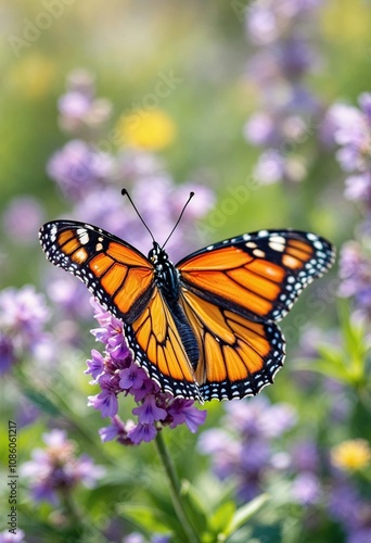 Monarch butterfly feeding on purple flowers in a summer garden