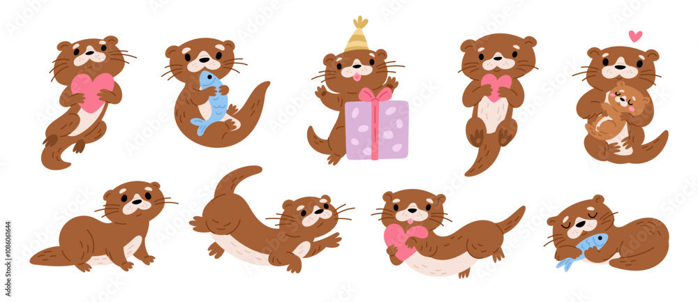 Fototapeta premium Sea otters characters. Funny water animals. Cute little marine mammals. Different poses and actions. Kids kawaii mascot. Cartoon creature holding fish or love heart. Garish vector set