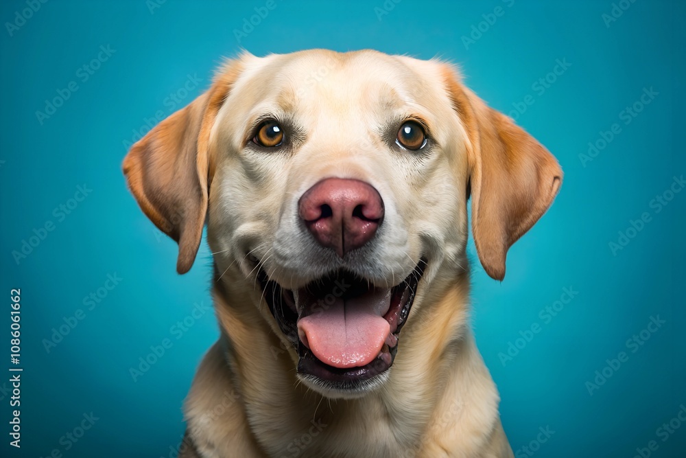 Studio headshot portrait of rescued yellow lab smiling with tongue out looking forward against a blue backdrop Studio headshot portrait of rescued yellow lab smiling with tongue out looking forward against a blue backdrop