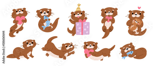 Sea otters characters. Funny water animals. Cute little marine mammals. Different poses and actions. Kids kawaii mascot. Cartoon creature holding fish or love heart. Garish vector set