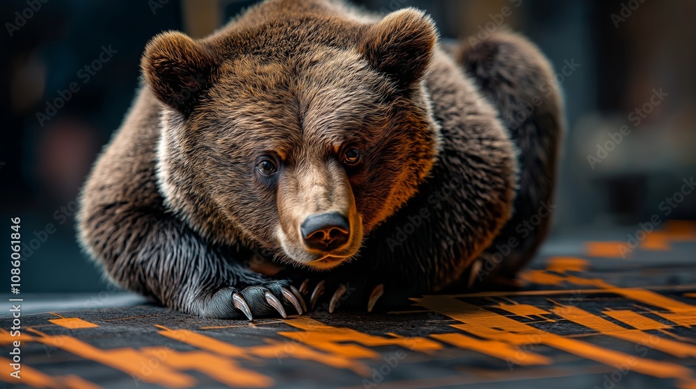 Obraz premium Close-Up of a Brown Bear Resting Against a Background with Abstract Stock Market Graphics Symbolizing Bearish Market Trends and Economic Uncertainty