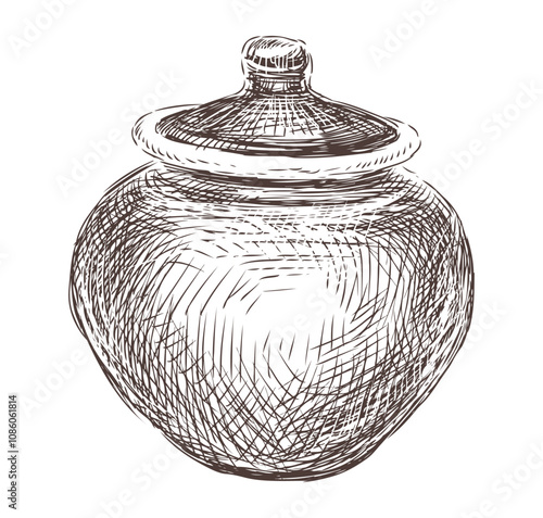 Hand drawn vintage clay saucepan with cover, vector sketch isolated on white