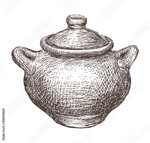 Hand drawn vintage clay saucepan with two handles and cover, vector sketch isolated on white