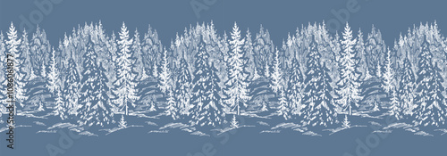 Seamless border of sketches fir forest in frosty snowy winter, vector hand drawn illustration