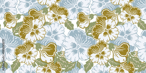 Seamless pattern of decorative pansies, vector floral background, textile, paper, fabric