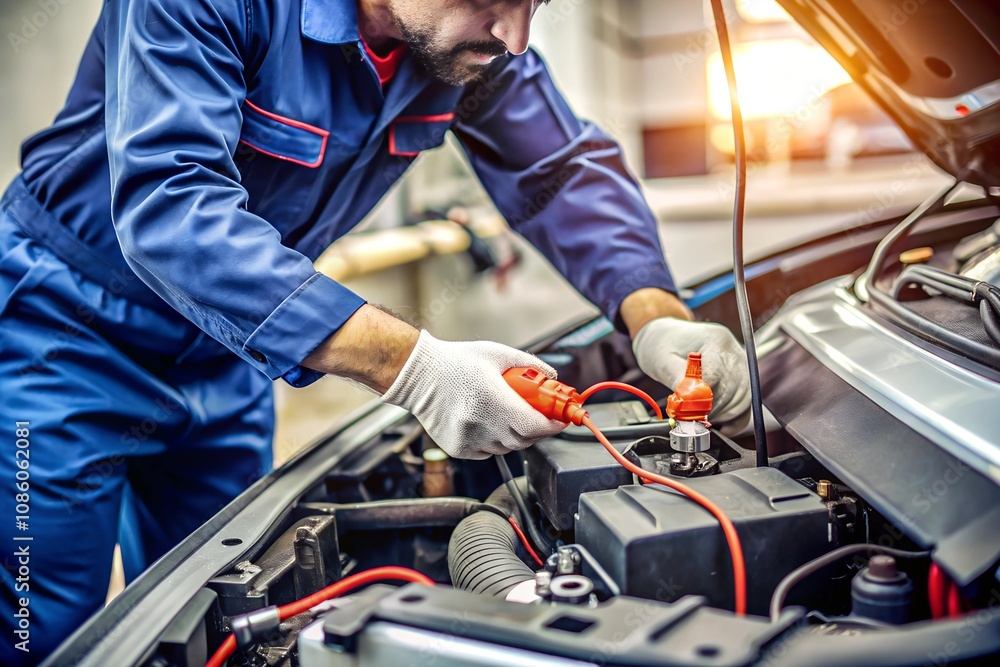 Technician Hands of car mechanic working repair in auto repair Service electric battery and Maintenance of car battery. Check the electrical system inside the car. Technician Hands of car mechanic working repair in auto repair Service electric battery and Maintenance of car battery. Check the electrical system inside the car.