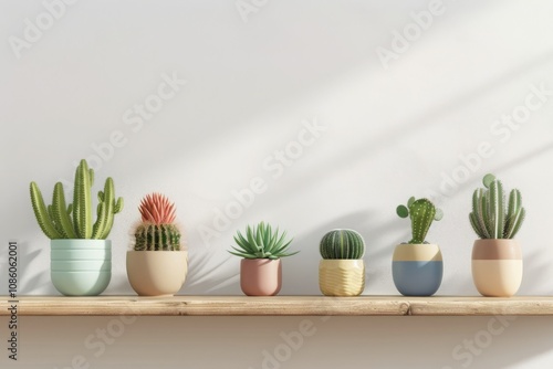 Different cacti in simple colored pots on wooden shelf, the wall is white, wall with empty space, copy space photo