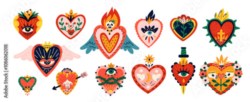 Sacred hearts. Mystical spirit objects. Mexican traditional love symbols. Burning hearts with eyes. Cultural charms. Tattoo design. Muertos skull. Religion cross or knife. Garish vector set