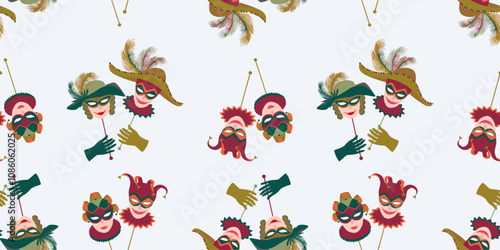 Seamless pattern of retro venetian masquerade masks, vector background, wallpaper, paper