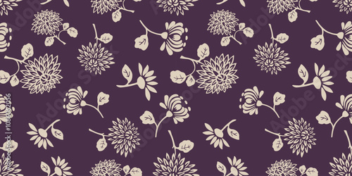 Seamless pattern of silhouettes decorative garden chrysanthemum, asters, floral vector background, fabric, textile