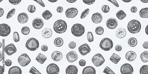 Seamless pattern of sketches different sewing buttons for clothing, hand drawn vector illustration, background, paper, wrapper, fabric