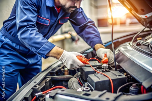 Technician Hands of car mechanic working repair in auto repair Service electric battery and Maintenance of car battery. Check the electrical system inside the car.