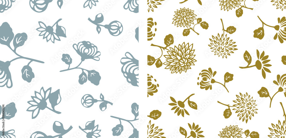 Seamless patterns of silhouettes decorative garden chrysanthemums, asters, daisies, floral vector backgrounds, fabric, textile Seamless patterns of silhouettes decorative garden chrysanthemums, asters, daisies, floral vector backgrounds, fabric, textile