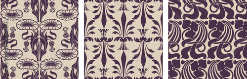 Seamless patterns of silhouettes vintage floral design decorative elements in art nouveau style, vector backgrounds, wallpaper, paper, textile, fabric