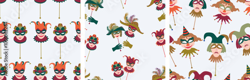 Seamless patterns of retro venetian masquerade masks, vector background, wallpaper, paper