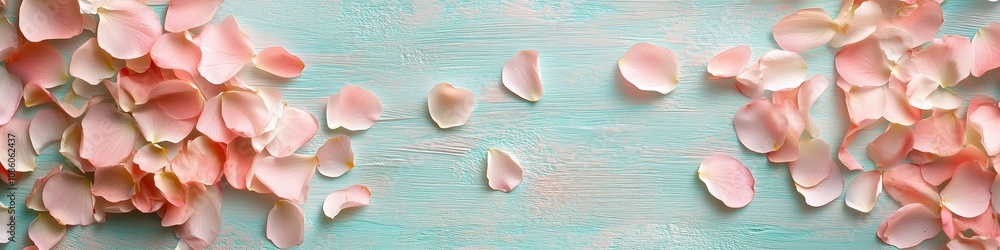 Beautiful pink flower petals scattered across a pastel blue wood background