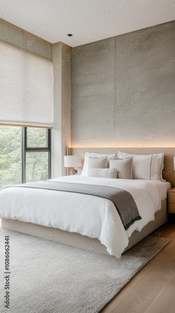Fototapeta premium Modern, minimalist bedroom with large windows and natural light in a serene setting