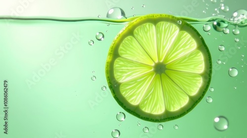 Fresh lime slice in bubble water close up