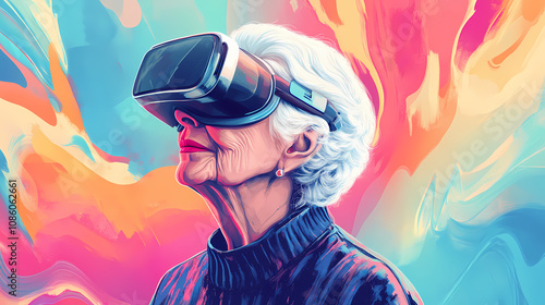 Generative ai senior classy elderly woman experiencing virtual reality. Vintage Futuristic. Illustration