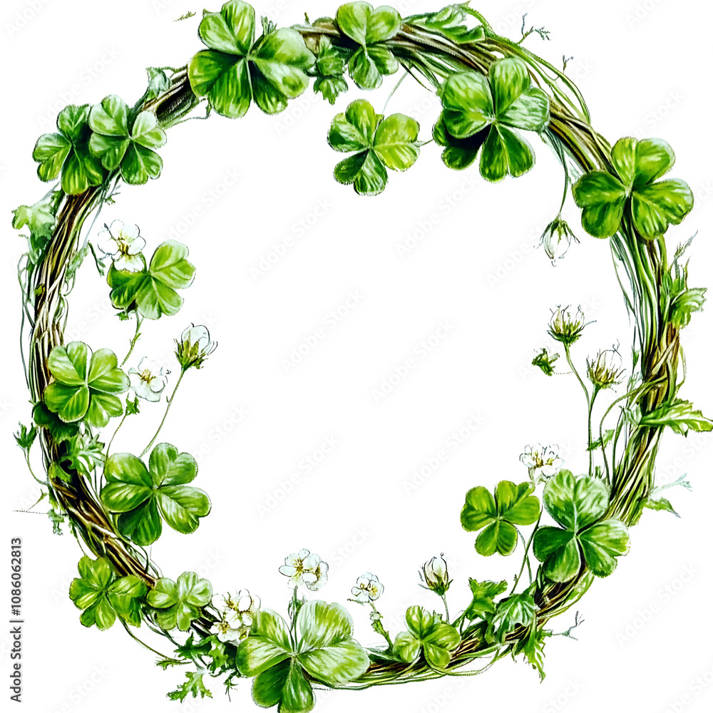 A circular wreath made of vibrant green clovers and delicate white flowers arranged artistically for decoration or celebration. Png, transparent background. A circular wreath made of vibrant green clovers and delicate white flowers arranged artistically for decoration or celebration. Png, transparent background.