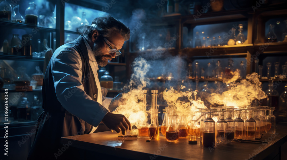 Chemist scientist works in chemistry laboratory, medical worker doing experiment in dark modern lab. Concept of science, doctor, test, research Chemist scientist works in chemistry laboratory, medical worker doing experiment in dark modern lab. Concept of science, doctor, test, research