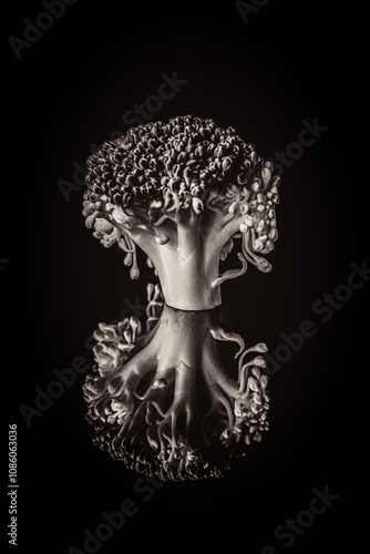 broccoli isolated on black background with reflection