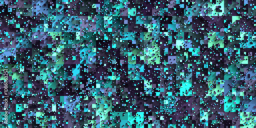 Seamless geometric pattern with random size flat layered multicolored squares in blue teal purple tones and diagonal shadows. Modern trendy rectangular pattern design for banner, poster, fabric print