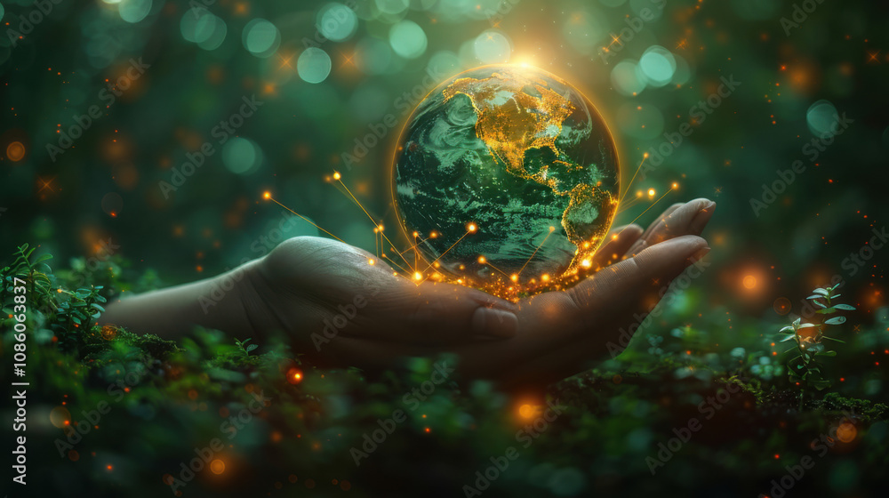 A green globe held in hand symbolizing the preservation of ecology. A green globe held in hand symbolizing the preservation of ecology.
