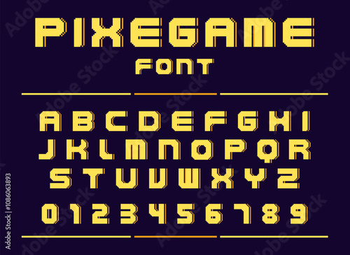 Pixel game font. Retro computer graphic style alphabet. 8 bit arcade play design letters and numbers. 90s gaming typeface. Comic cyber lettering. Vector typography alphabetical icons set