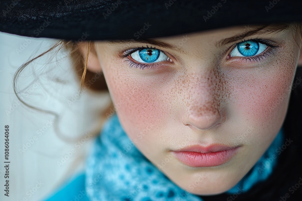 Portrait of freckled girl wearing hat and scarf, showing intense blue eyes Portrait of freckled girl wearing hat and scarf, showing intense blue eyes