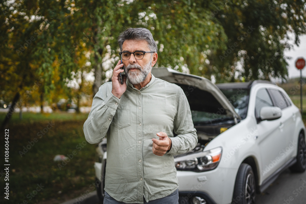 worried man stand in front open hood of car make a phone call for help worried man stand in front open hood of car make a phone call for help