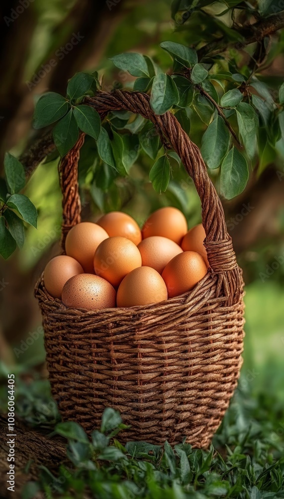 Farm Fresh Brown Eggs Overflowing from a Rustic Wicker Basket, Culinary Delights Await