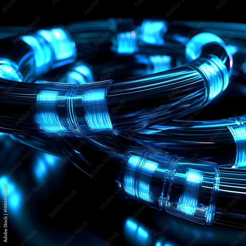 Abstract close-up of glowing blue optical fibers in a futuristic design, showcasing the intricate patterns and brilliant illumination in a dark environment Abstract close-up of glowing blue optical fibers in a futuristic design, showcasing the intricate patterns and brilliant illumination in a dark environment