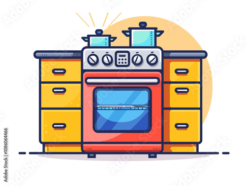 Red oven with a blue window sits on a yellow countertop. The oven is surrounded by cabinets and a stove