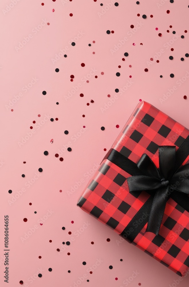 Obraz premium A beautifully wrapped gift sits on a festive pink background scattered with colorful confetti