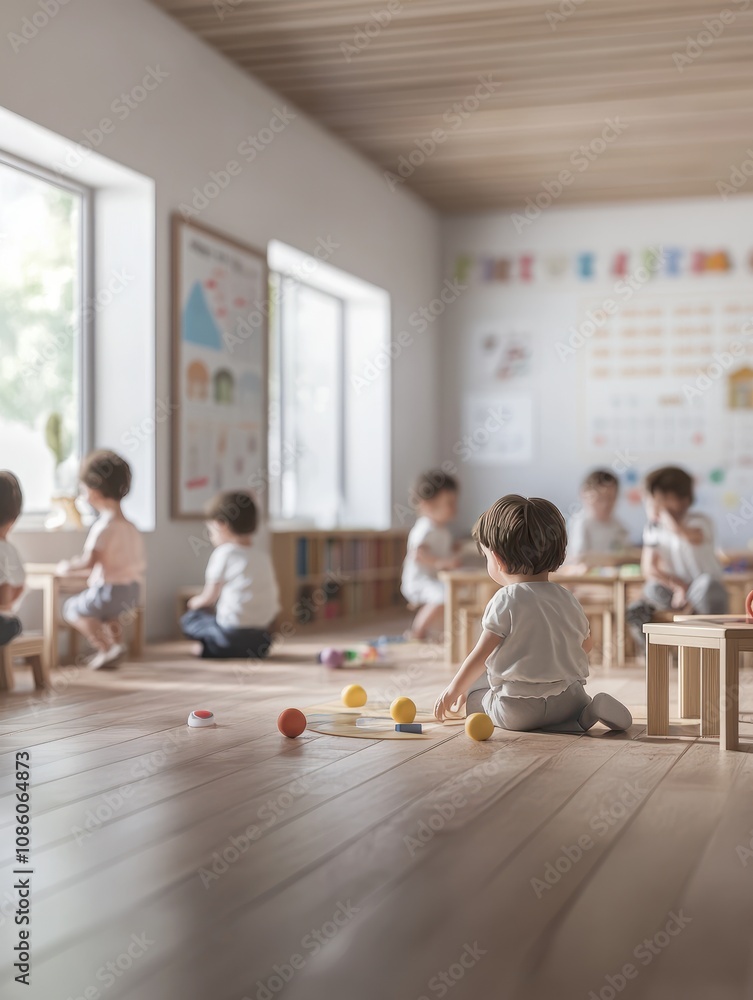 Group of small nursery school children playing indoors in classroom, montessori learning. Group of small nursery school children playing indoors in classroom, montessori learning.